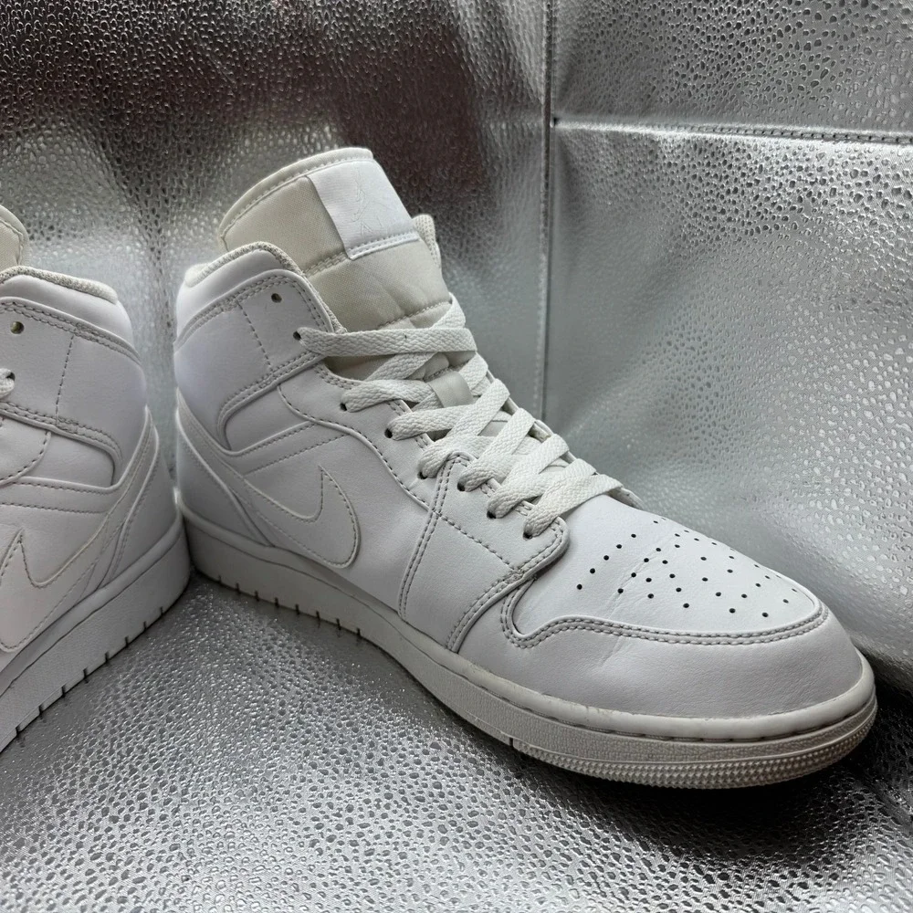 Size 12 - Nike Air Jordan 1 Mid White Leather Basketball Sneakers‎ 554724-136